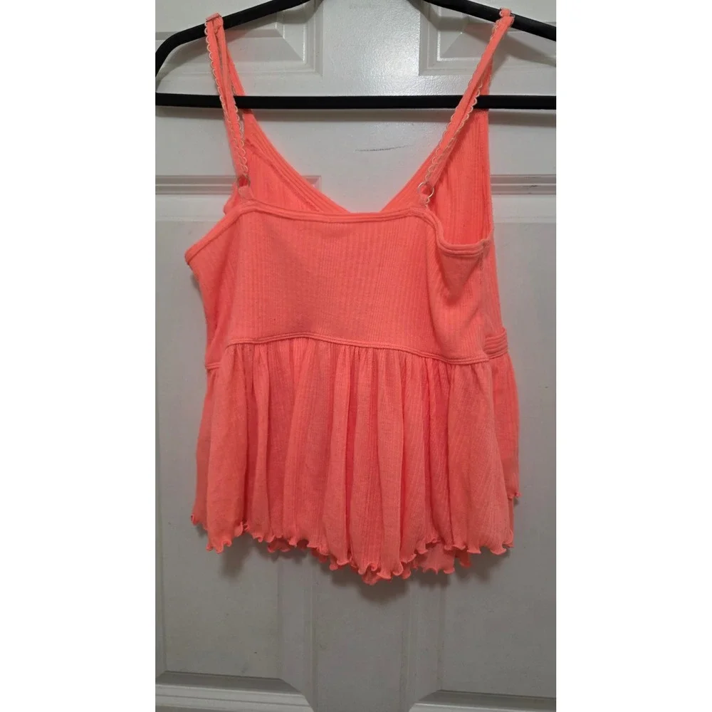 Free People Cami Top Womens Medium Neon Coral Orange Ribbed Ruffle Boho Peplum‎